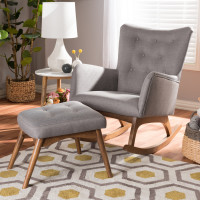 Baxton Studio BBT5303-Grey-RC-Otto-Set Waldmann Mid-Century Modern Grey Fabric Upholstered Rocking Chair and Ottoman Set